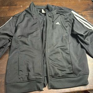Adidas women’s black jogger zip up with white strips on arms